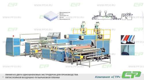 Линия из двух одношнековых экструдеров для производства пятислойной фольгированной воздушно-пузырьковой пленки