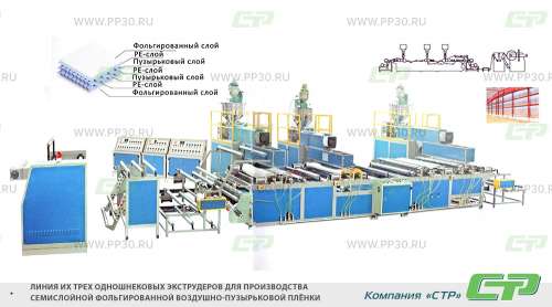 Линия из трех одношнековых экструдеров для производства семислойной фольгированной воздушно-пузырьковой пленки